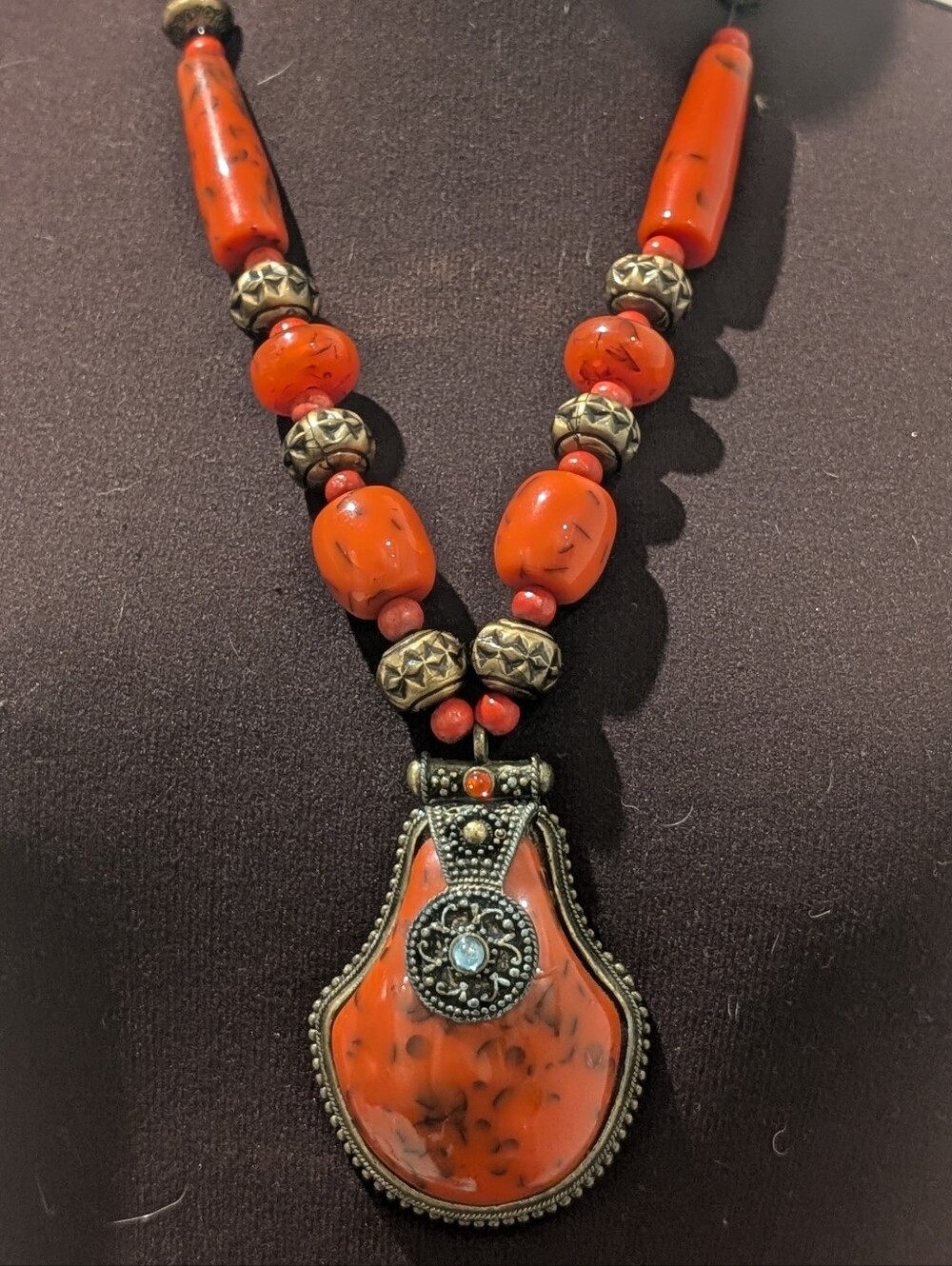 Vintage Tribal Bohemian Necklace Coral Red Beads